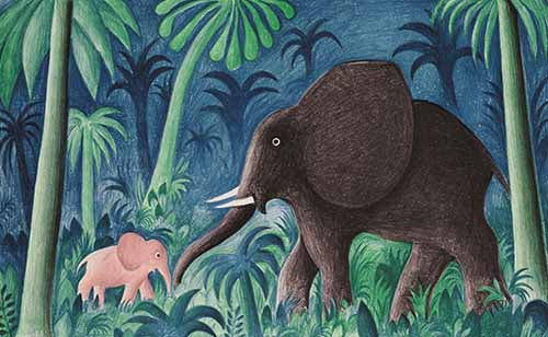 Elefant med unge og Mor og barn, Scherfig, Æske med 8 gavemærker, 9 x 6 cm, Forlaget Lamberth