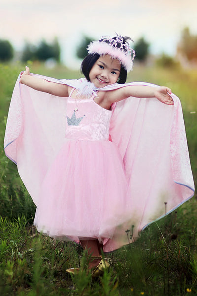 Prinsesse kjole & diadem, Pink, 5-6 År, Great Pretenders