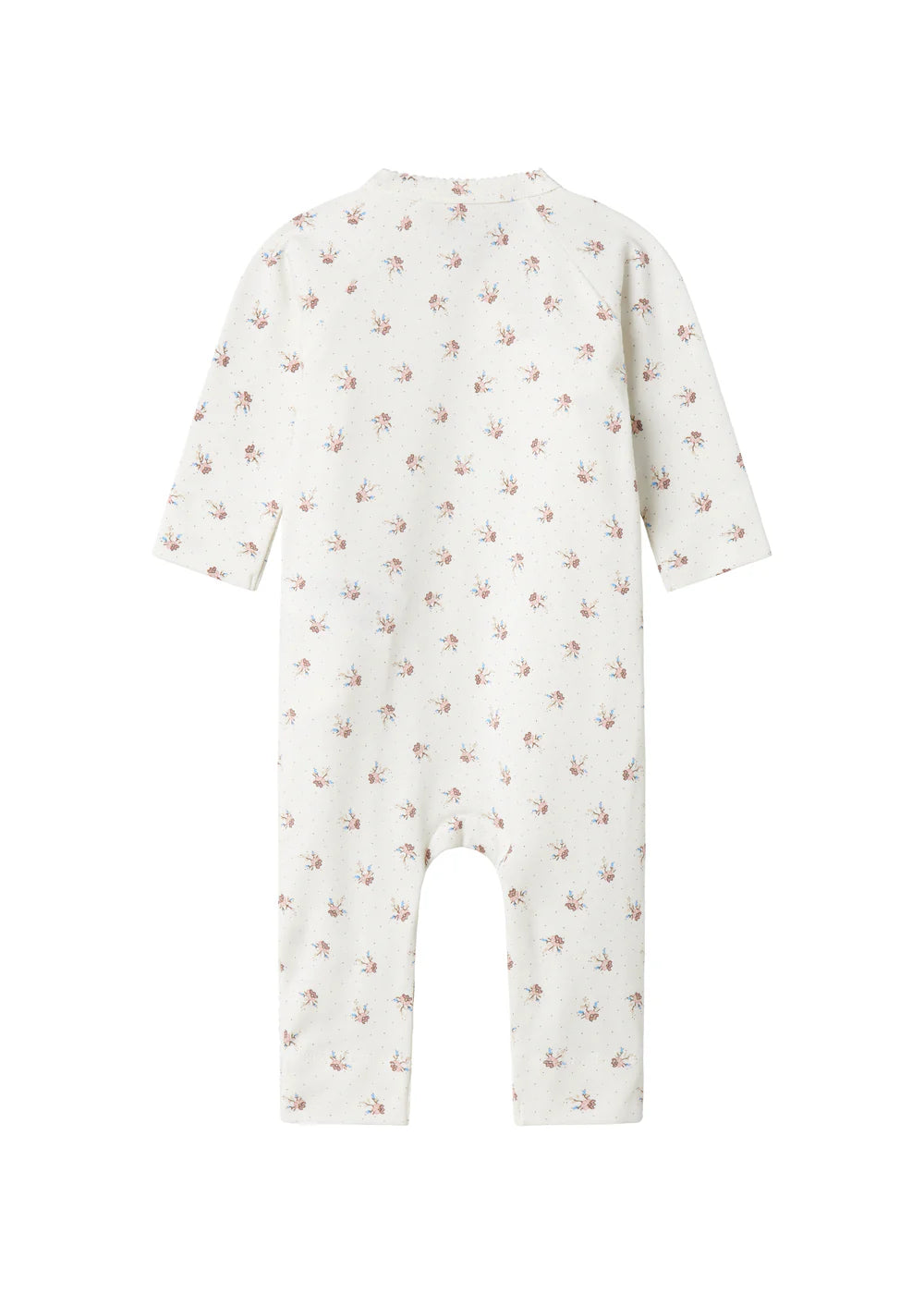 Langærmet heldragt fra MARMAR med slå-om-lukning, heldragten lukkes med trykknapper og bindebånd fra halsen og ned langs det ene ben. Dragten er i printet Little Sakura.