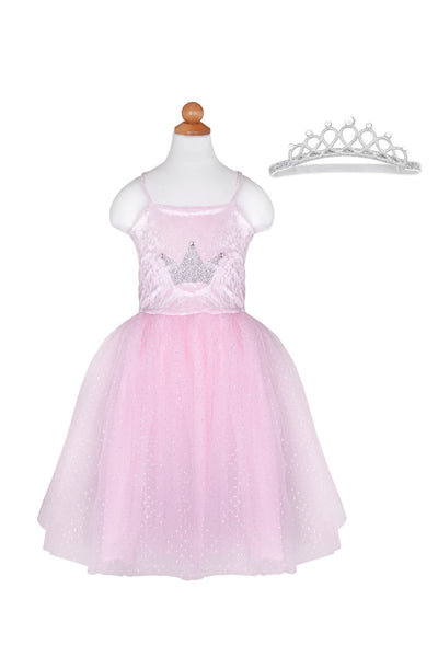 Prinsesse kjole & diadem, Pink, 5-6 År, Great Pretenders