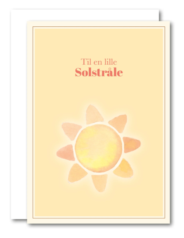 Lille foldet kort, lykønskningskort med sol motiv og teksten "til en lille solstråle"