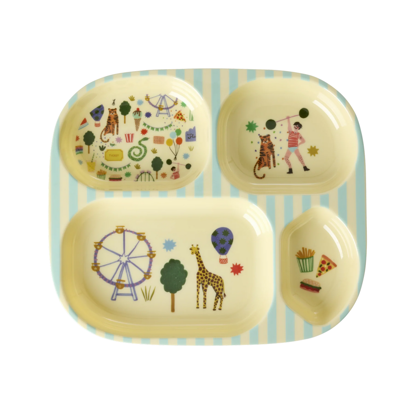 Børnetallerken med 4 Rum, Mint, Fun Fair Print, Rice

Sød og praktisk børnetallerken med 4 rum i det skønneste tivolitema i blå nuancer.