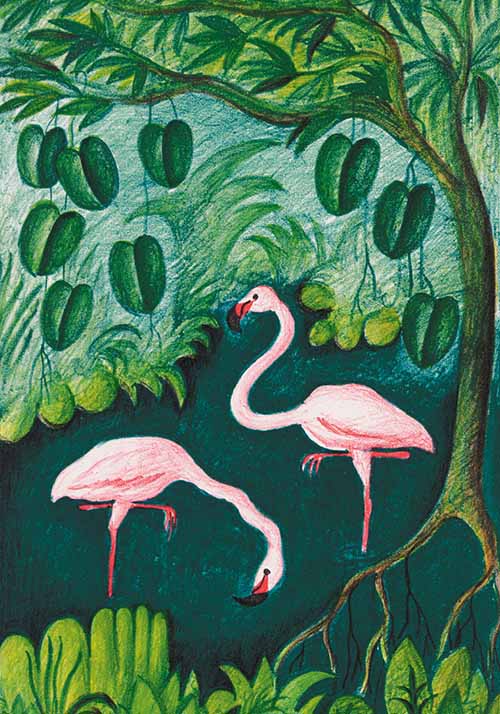 Ensom elefant og Flamingoer, Scherfig, Æske med 8 gavemærker, 9 x 6 cm, Forlaget Lamberth