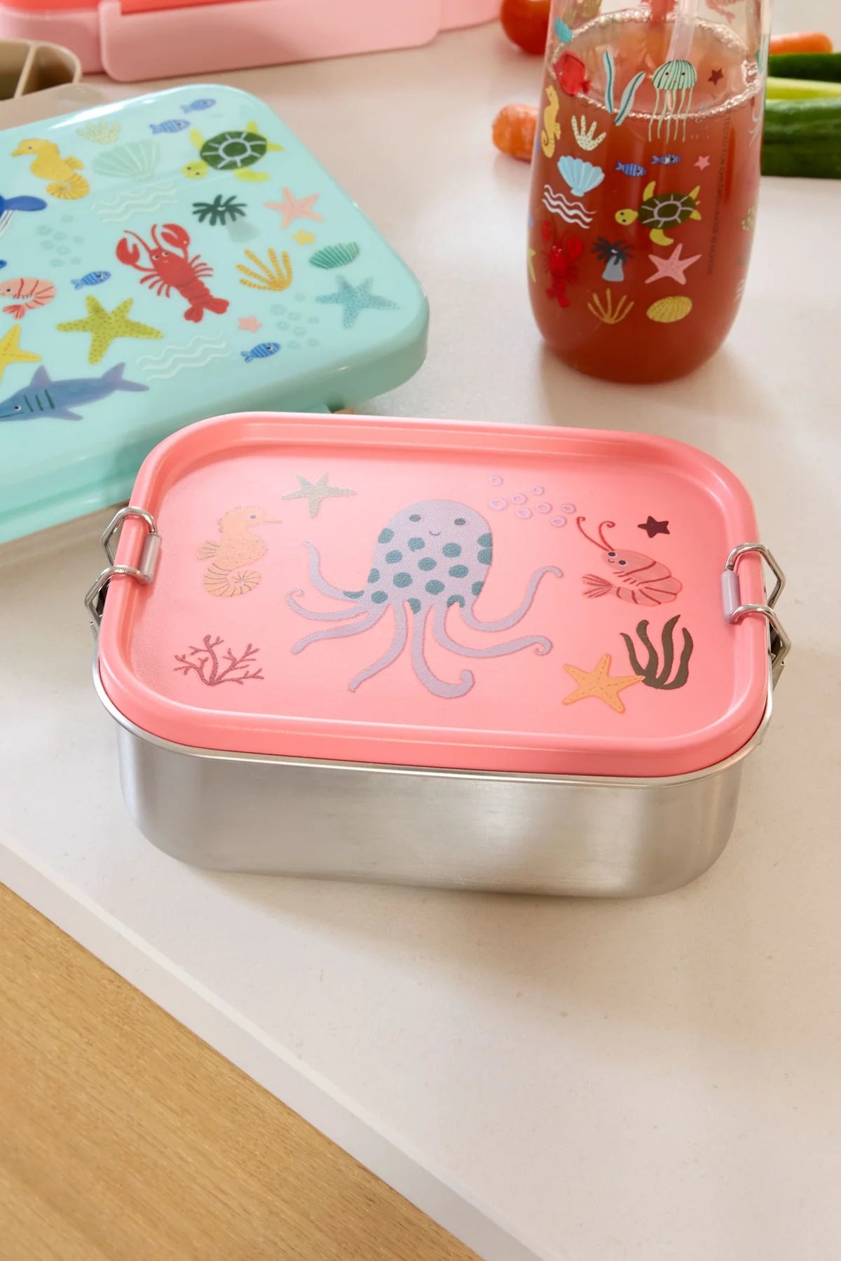 Lille Rustfri Stål Madkasse, Koral, Ocean Print, Rice