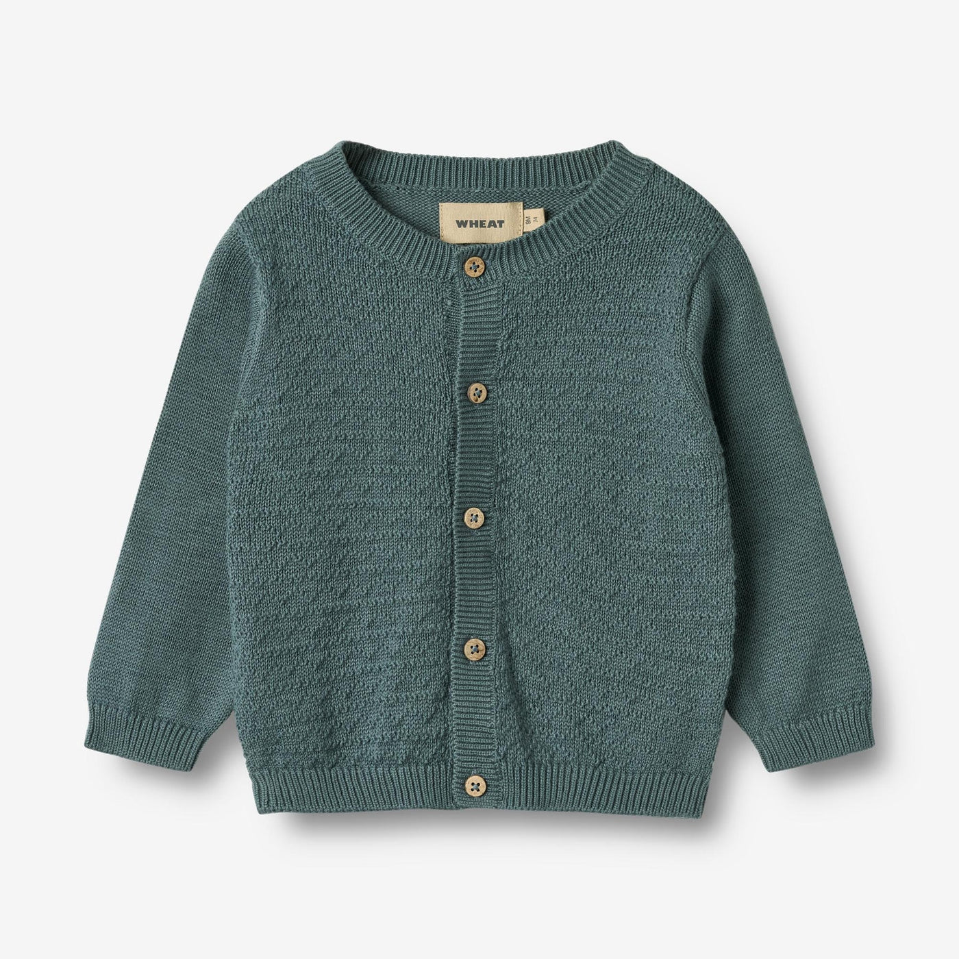 Strikket Cardigan, Bjørn, Stormy fra Wheat

Lækker langærmet strikcardigan i blød økologisk bomuld fra Wheat.