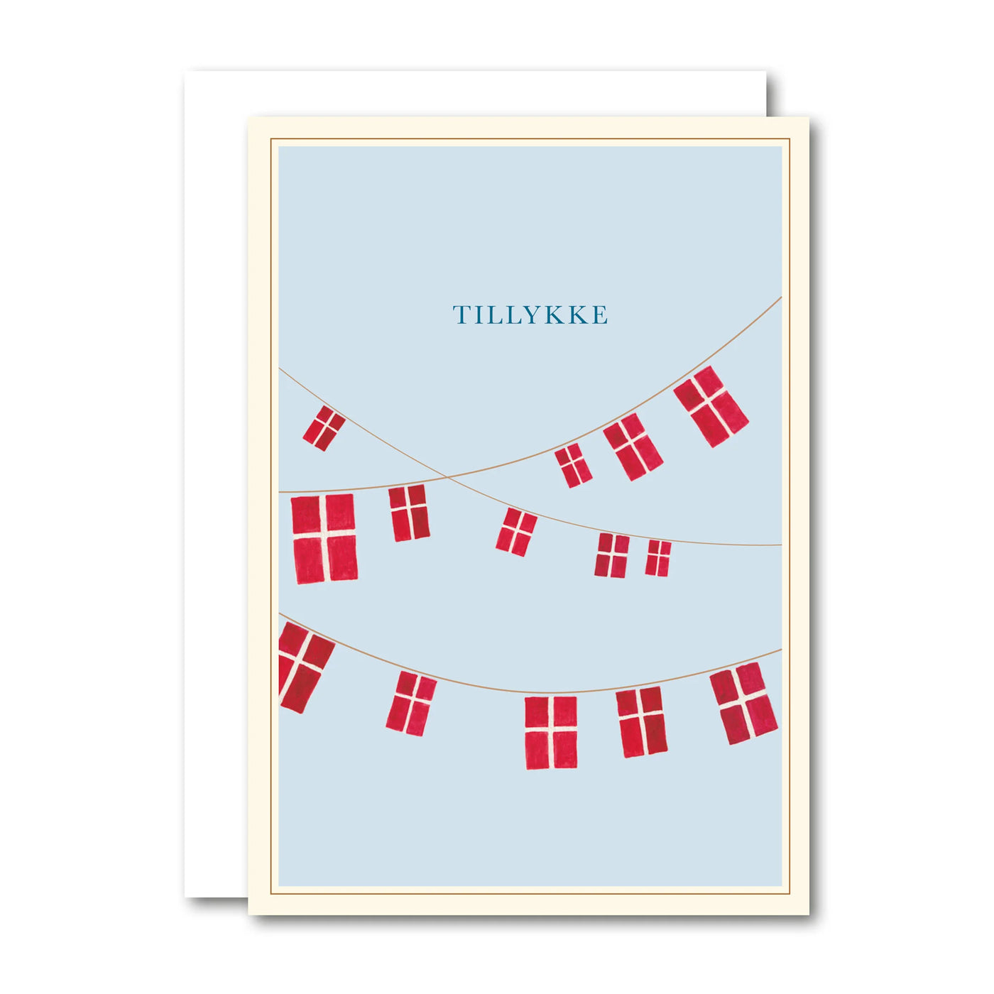 A7 kort med flagguirlande motiv og teksten "tillykke"
