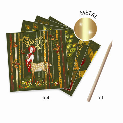 æskens indhold (Scratch Kort, Gyldne gudinder, Djeco) - 4 kort og en pind