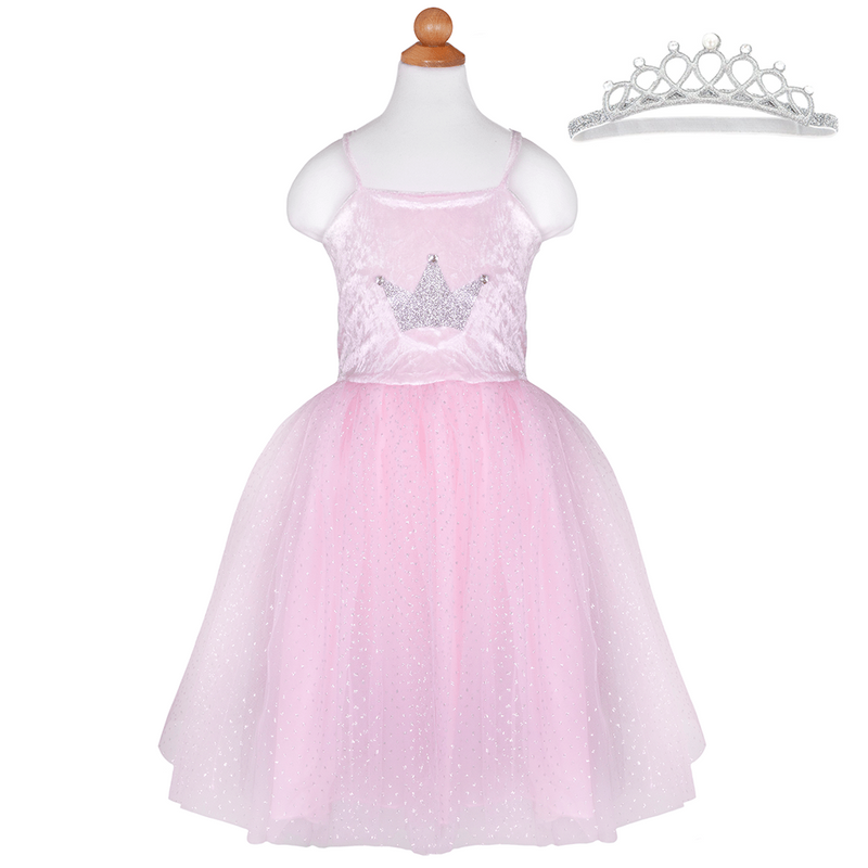 Billede 1: Prinsesse kjole & diadem, Pink, 3-4 År, Great Pretenders - set forfra