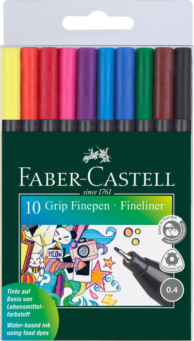10 Grip Finepen 0,4 Trekantede, 10 Farver, Faber-Castell