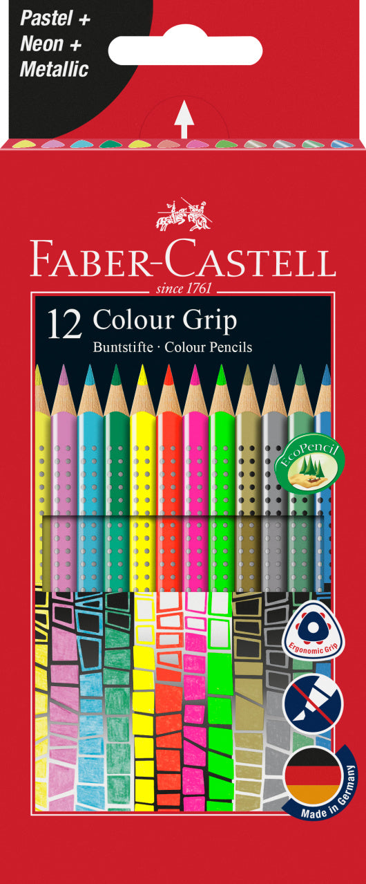  12 Grip Trekantede Farveblyanter, Pastel, Neon, Metallic, 12 Farver, Faber-Castell